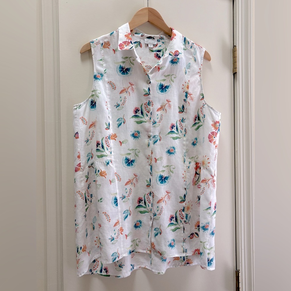 JJill Love Linen Sleeveless White Floral Print Tunic Top